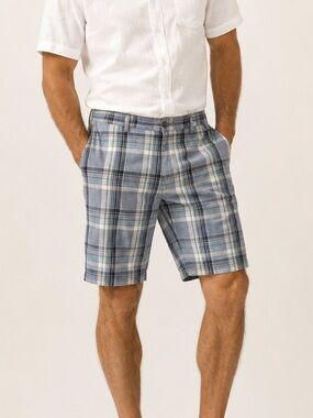 Tommy Bahama Blue Plaid Flat Mens Size 38 Cotton Linen 9.5" Shorts Beach Travel